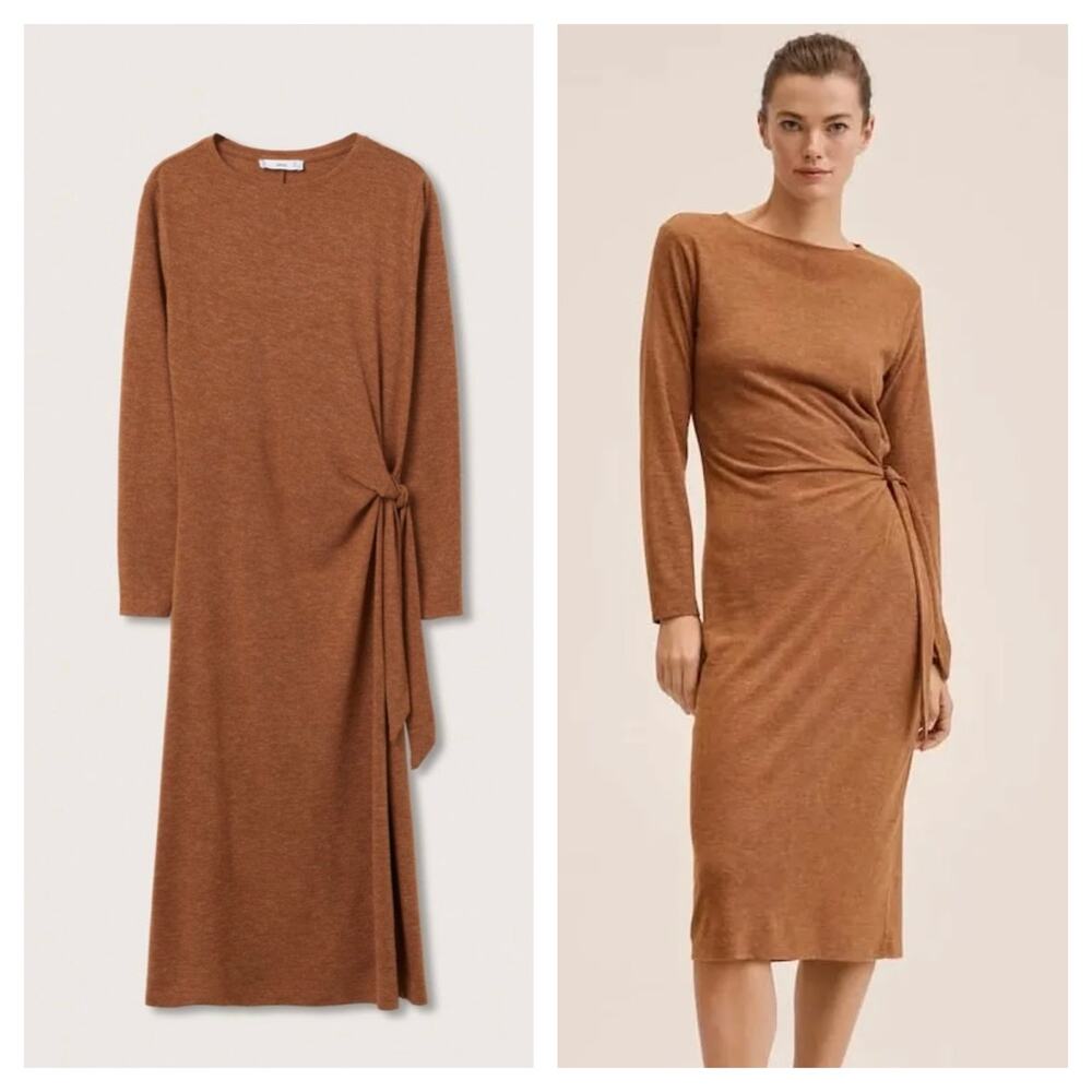 Mango Bow Knit Midi Dress Size 2 Brown Long Sleeve Minimalist